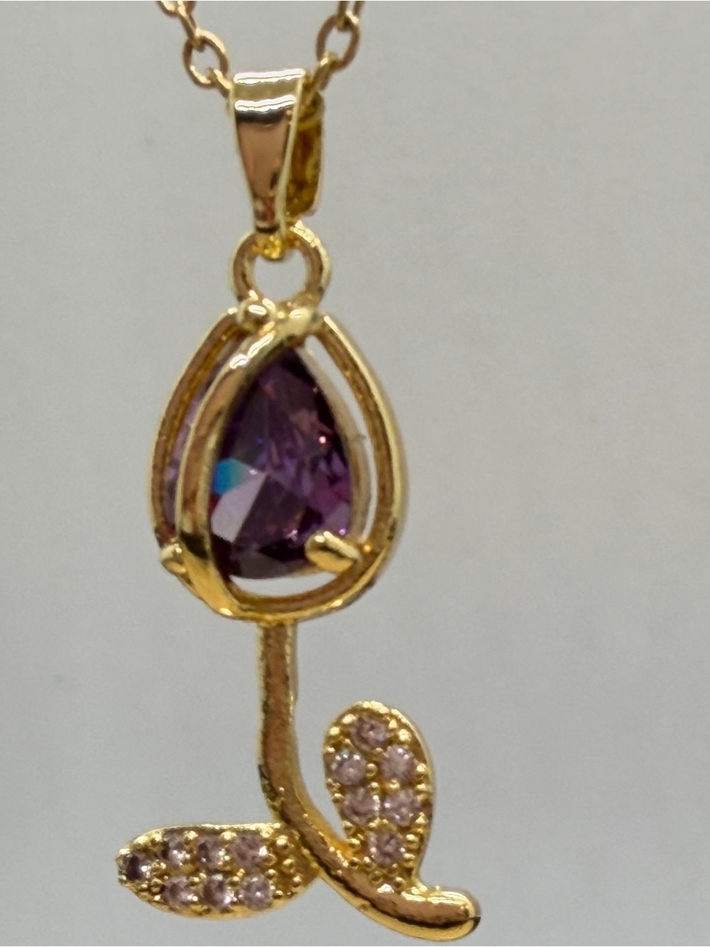 Gold-Tone Purple Teardrop Floral Pendant Necklace